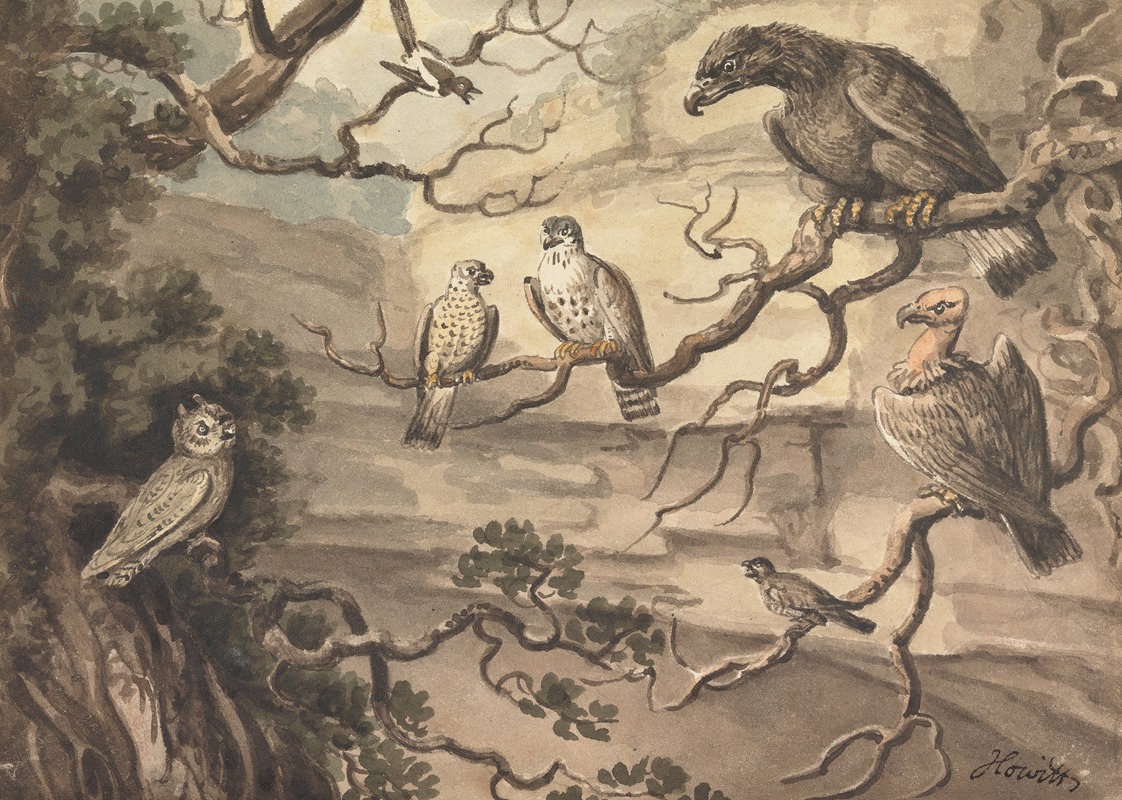 Samuel Howitt - An Owl, an Eagle, Two Falcons, a Vulture and Other Birds Perched in Trees