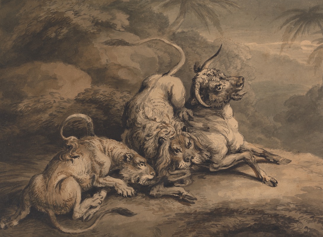 Samuel Howitt - Lion and Lioness Attacking a Steer