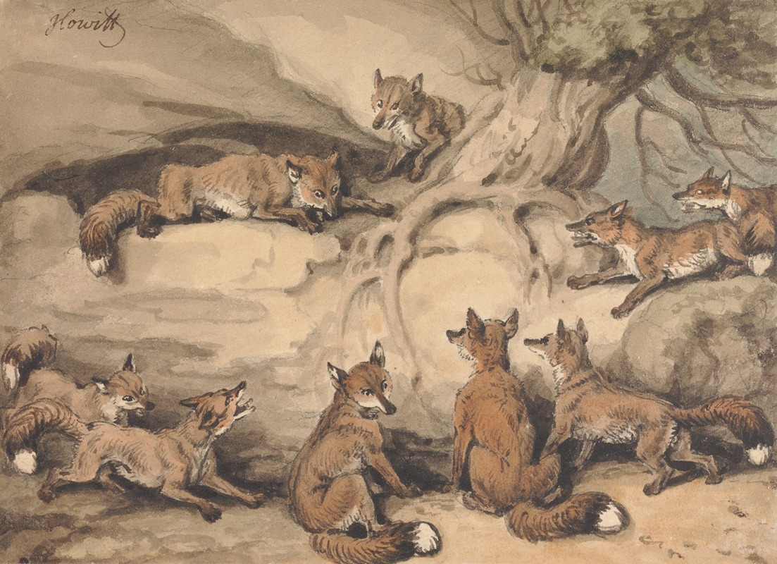 Samuel Howitt - Nine Foxes Gathered Around a Tree; an Illustration of Aesop’s Fable, ‘The Fox who Lost His Tail’