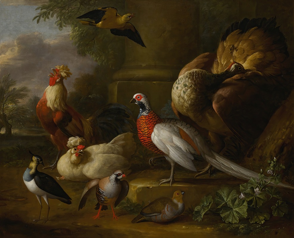 Tobias Stranover - Peacock, pheasant, chickens, partridges and a lapwing in a landscape