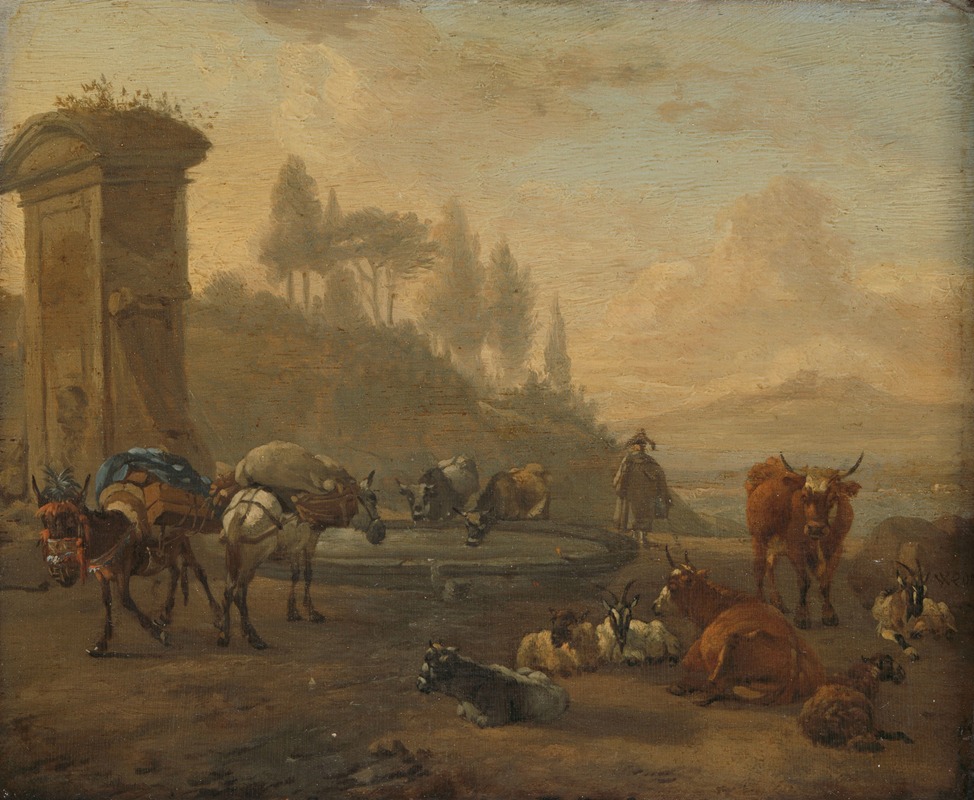 Willem Romeyn - Livestock by a Fountain