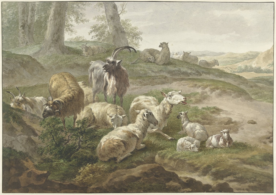 Wybrand Hendriks - Bokken en schapen in een heuvelachtig landschap , after Nicolaes Pietersz. Berchem