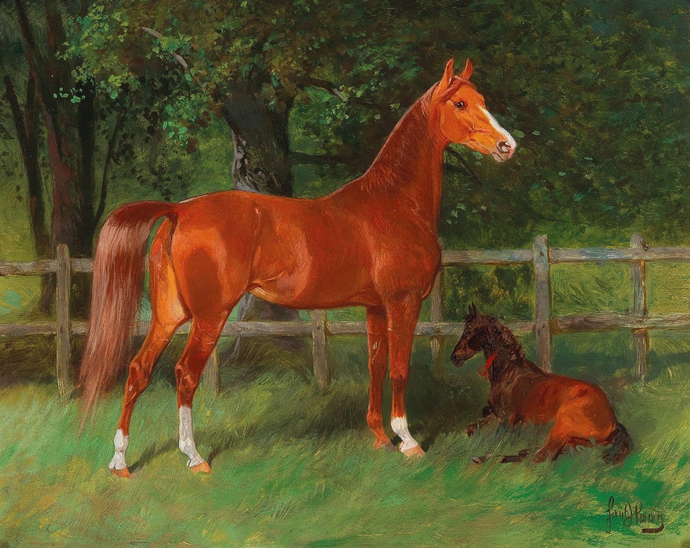 Hans Haag - Chestnut with Foal in the Meadow