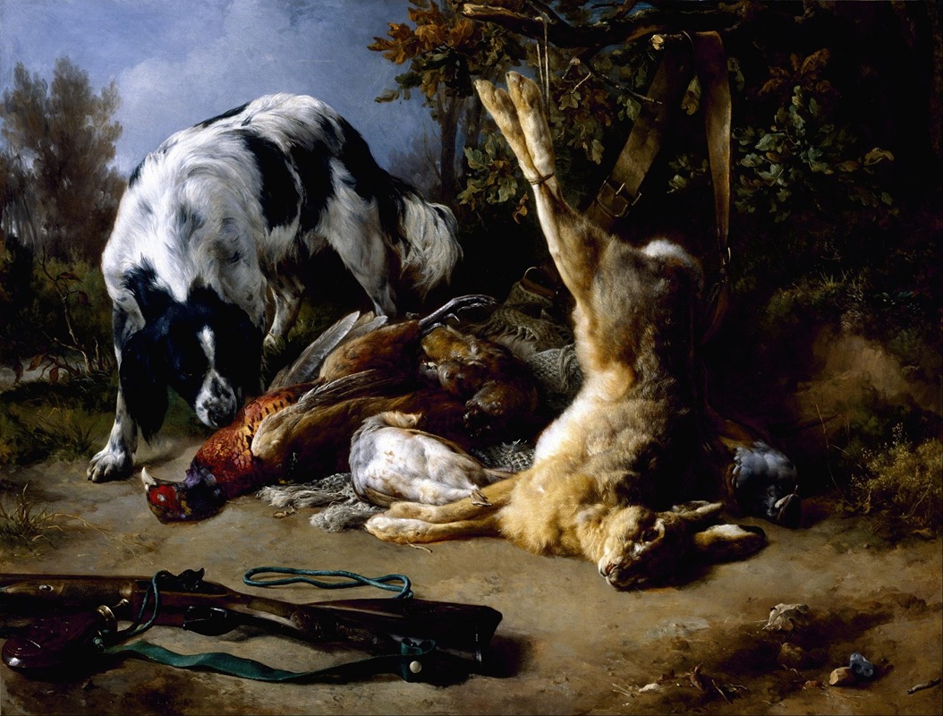 Jacques-Raymond Brascassat - Spaniel with a Still Life of Dead Game