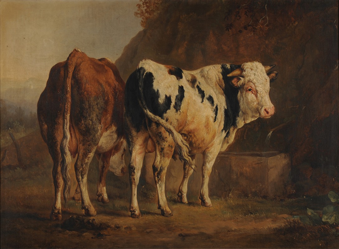 Jacques-Raymond Brascassat - Taureau à robe blanche et noire et vache à robe brune