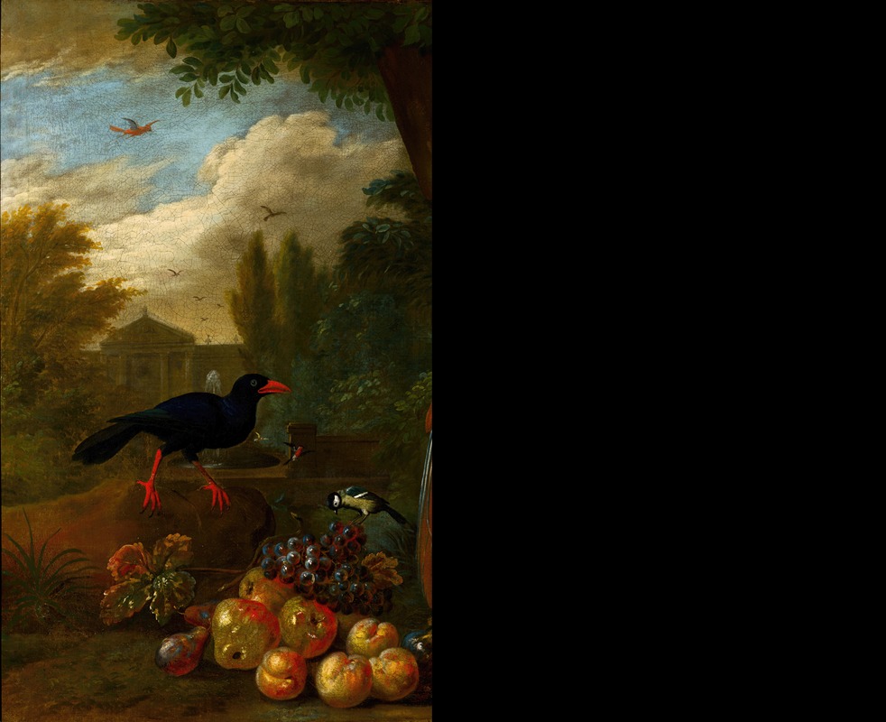 Jakob Bogdány - Two Macaws, a Cockatoo and a Jay, with Fruit