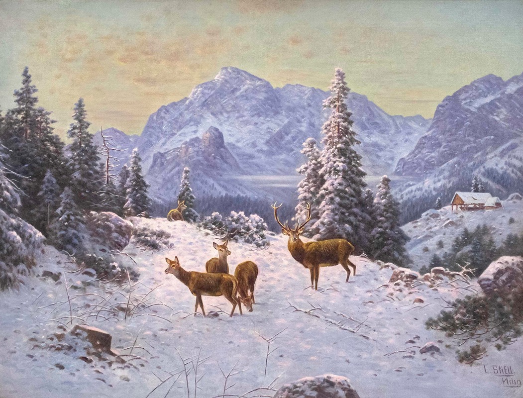 Ludwig Sckell - Hirsch mit Rudel im Winter