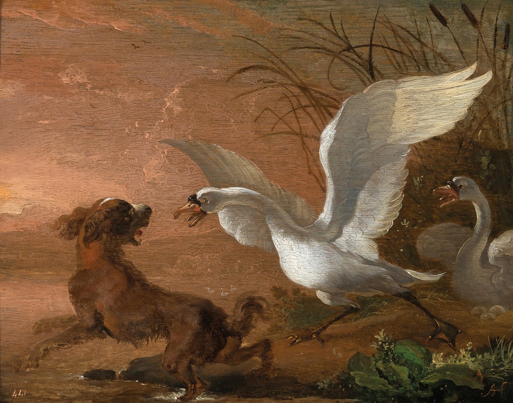 Abraham Hondius - A swan attacking a dog