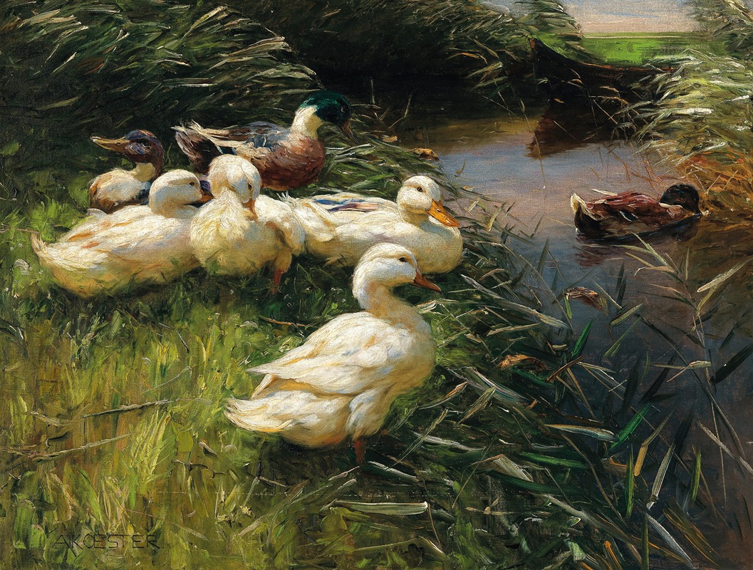 Alexander Koester - Ducks on the Lakeside in Reeds with a Boat
