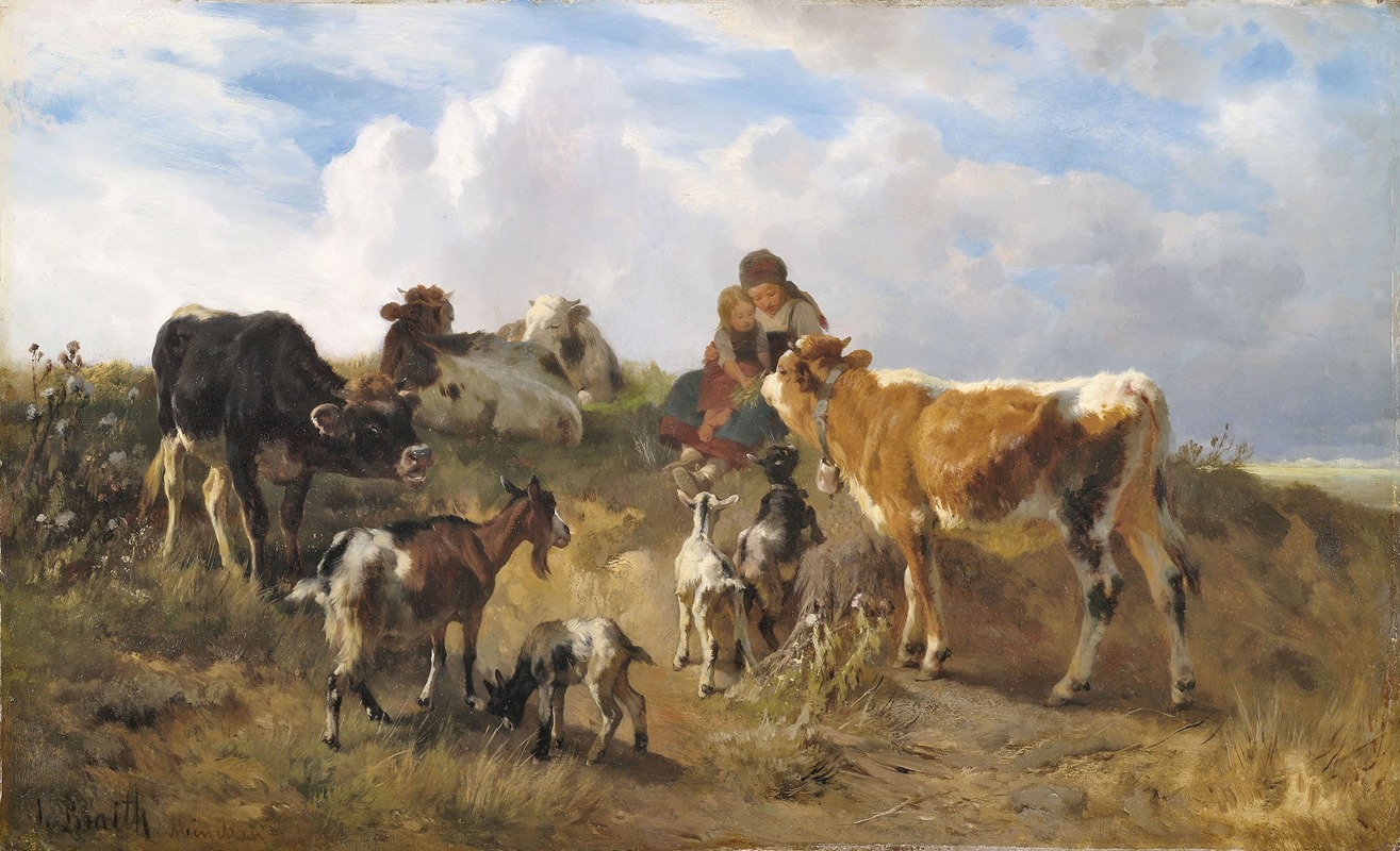Anton Braith - Hirtenidyll auf sommerlicher Weide mit Kühen und Ziegen