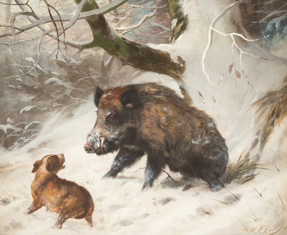 Carl Friedrich Deiker - Hound tracking down a wild boar