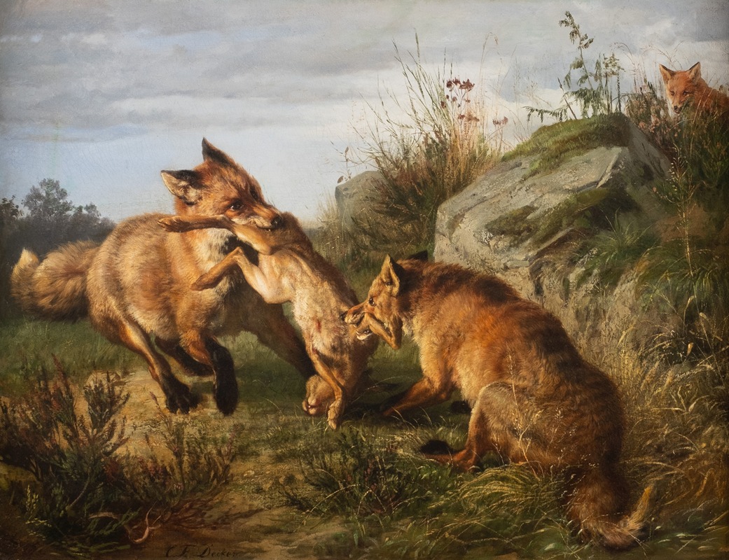 Carl Friedrich Deiker - Two foxes fighting for their prey
