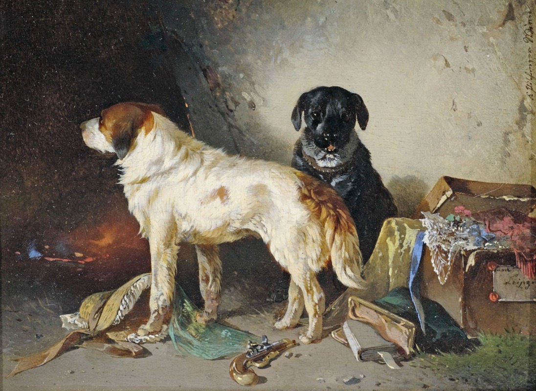 Carl Pischinger - Zwei Hunde mit einer Kleiderkiste.