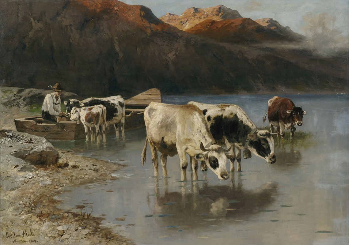 Christian Mali   - Hirte mit Kühen am Seeufer