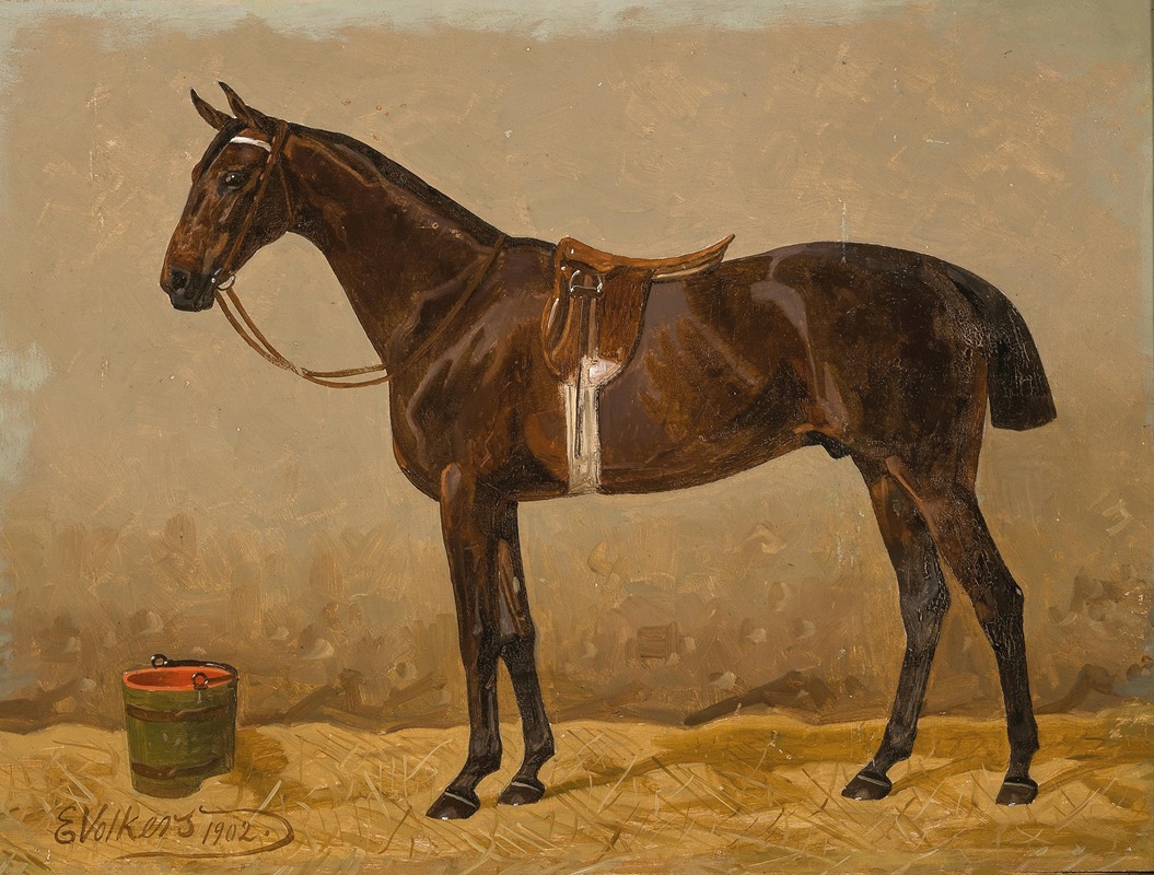 Emil Volkers - A Saddled Bay Horse in a Stable