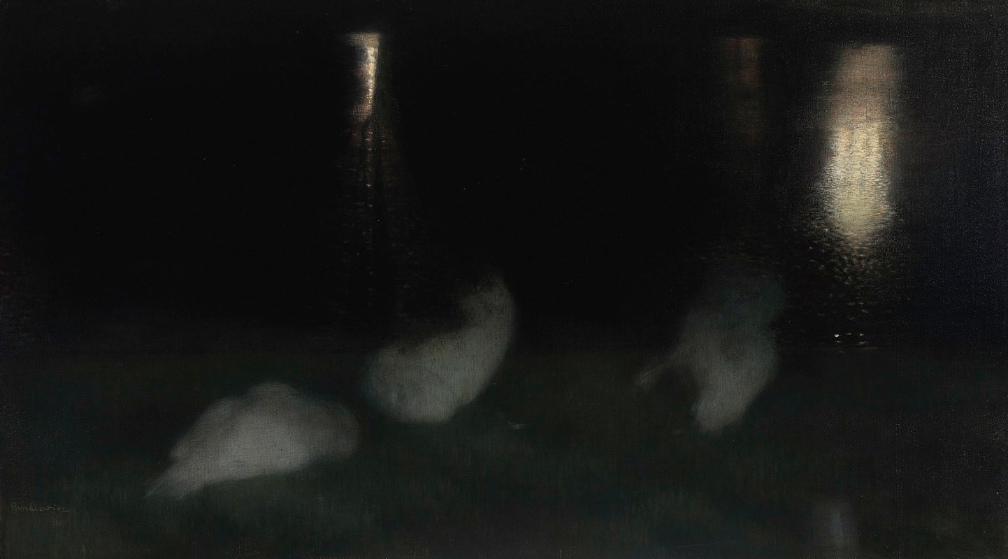 Józef Pankiewicz - Nocturne. Swans in the Saxon Garden in Warsaw at night (Sleeping swans, Swans at night)