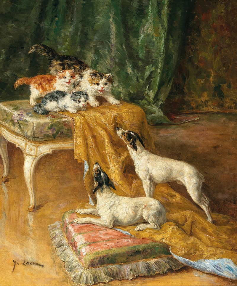 Marie-Yvonne Laur - Two Jack Russells and Three Kittens