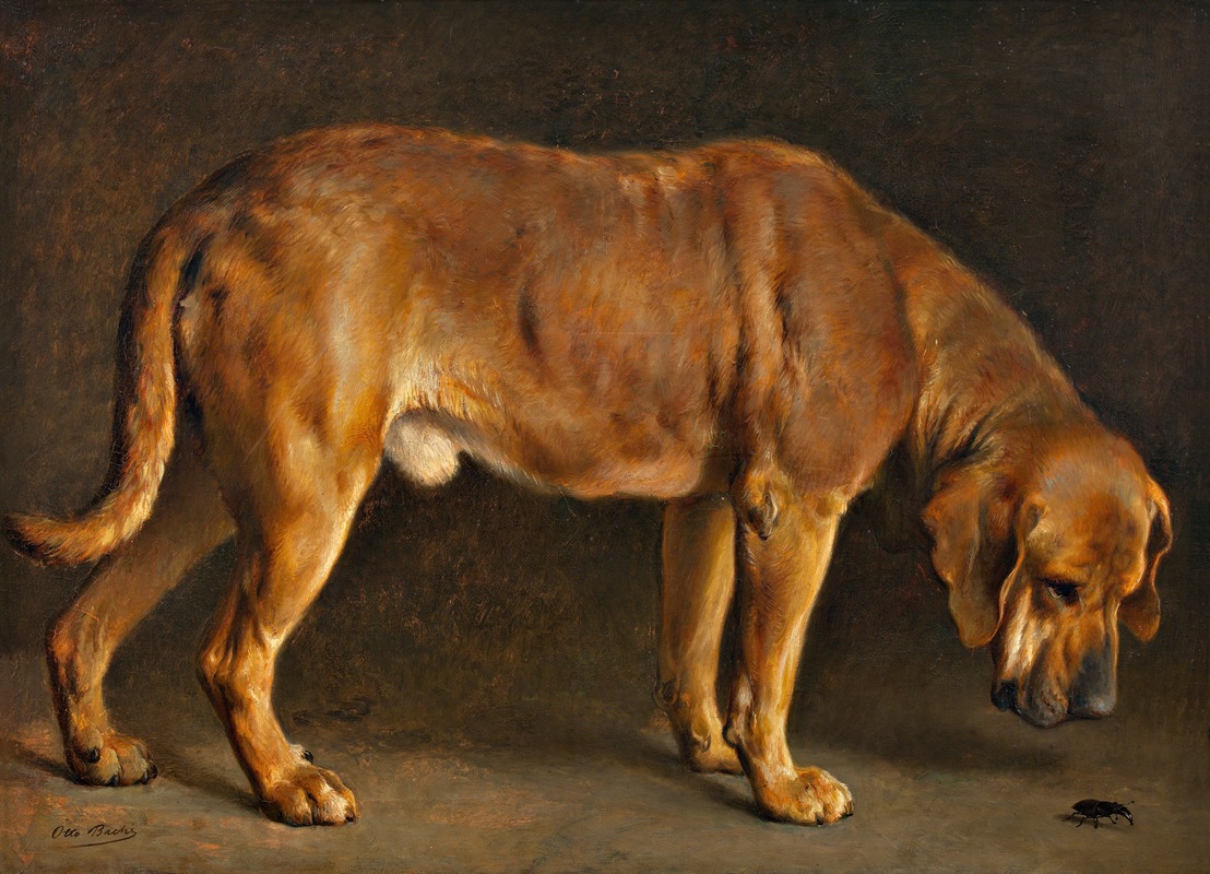 Otto Bache - A Broholmer dog looking at a stag beetle