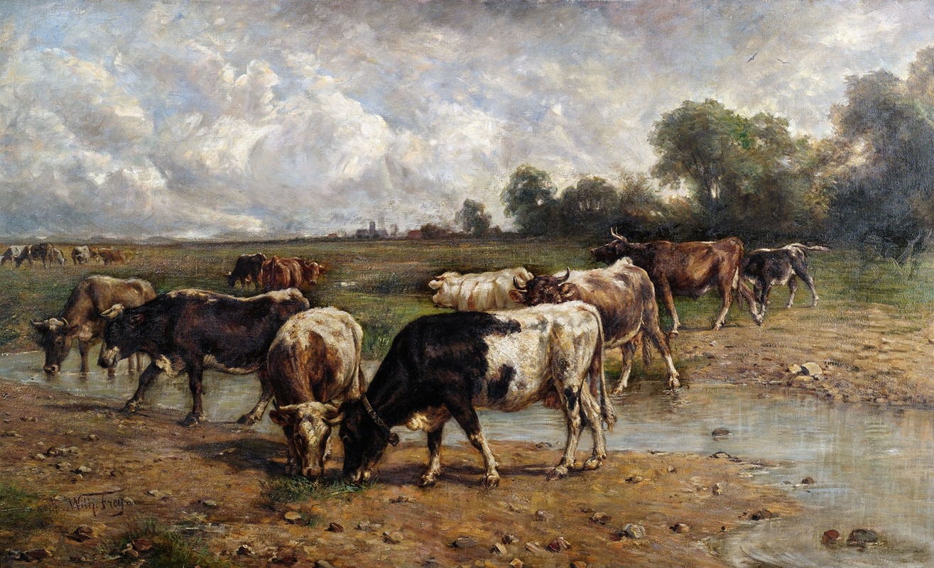 Wilhelm Frey - Rinderherde an einer Wasserstelle in weiter Landschaft