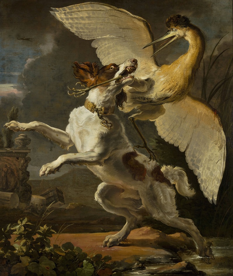 Abraham Hondius - Dog fighting a heron