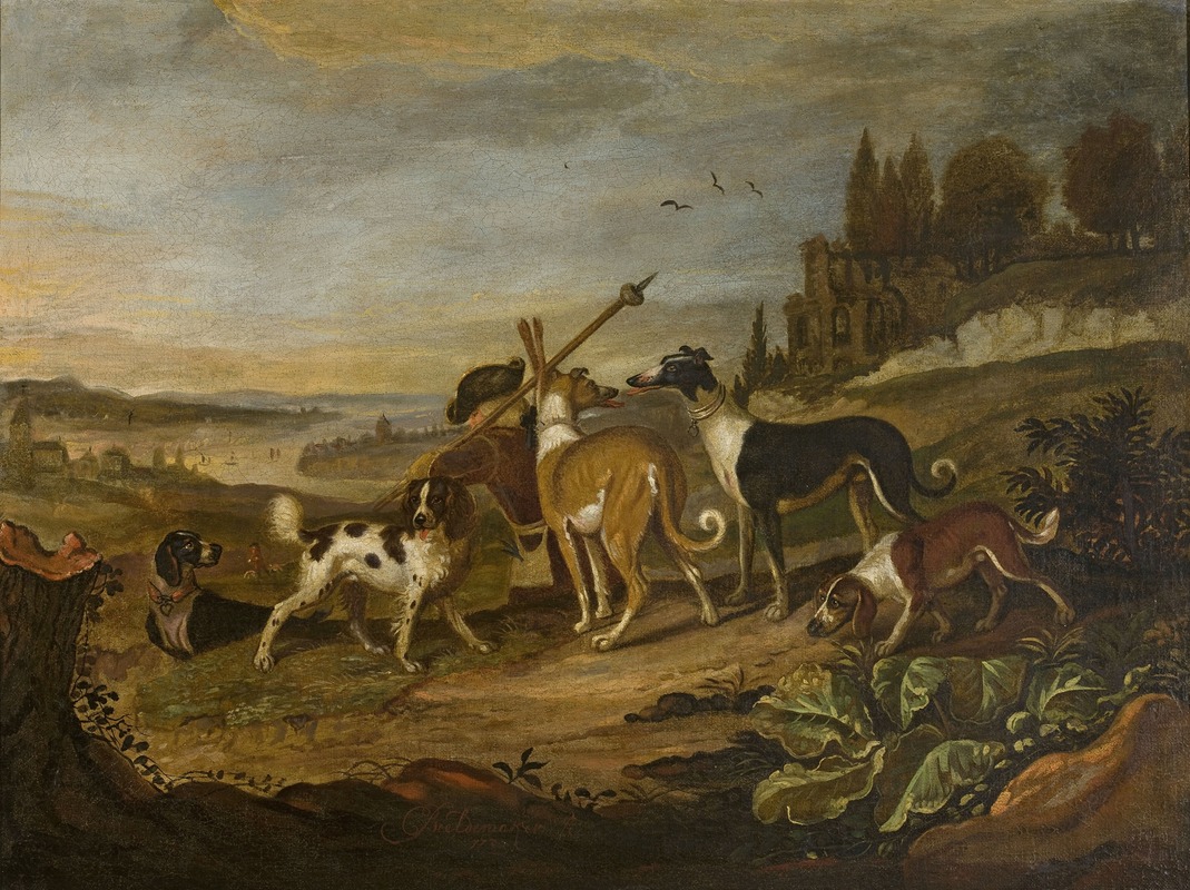 Cornelis Beeldemaker - Gundogs against landscape