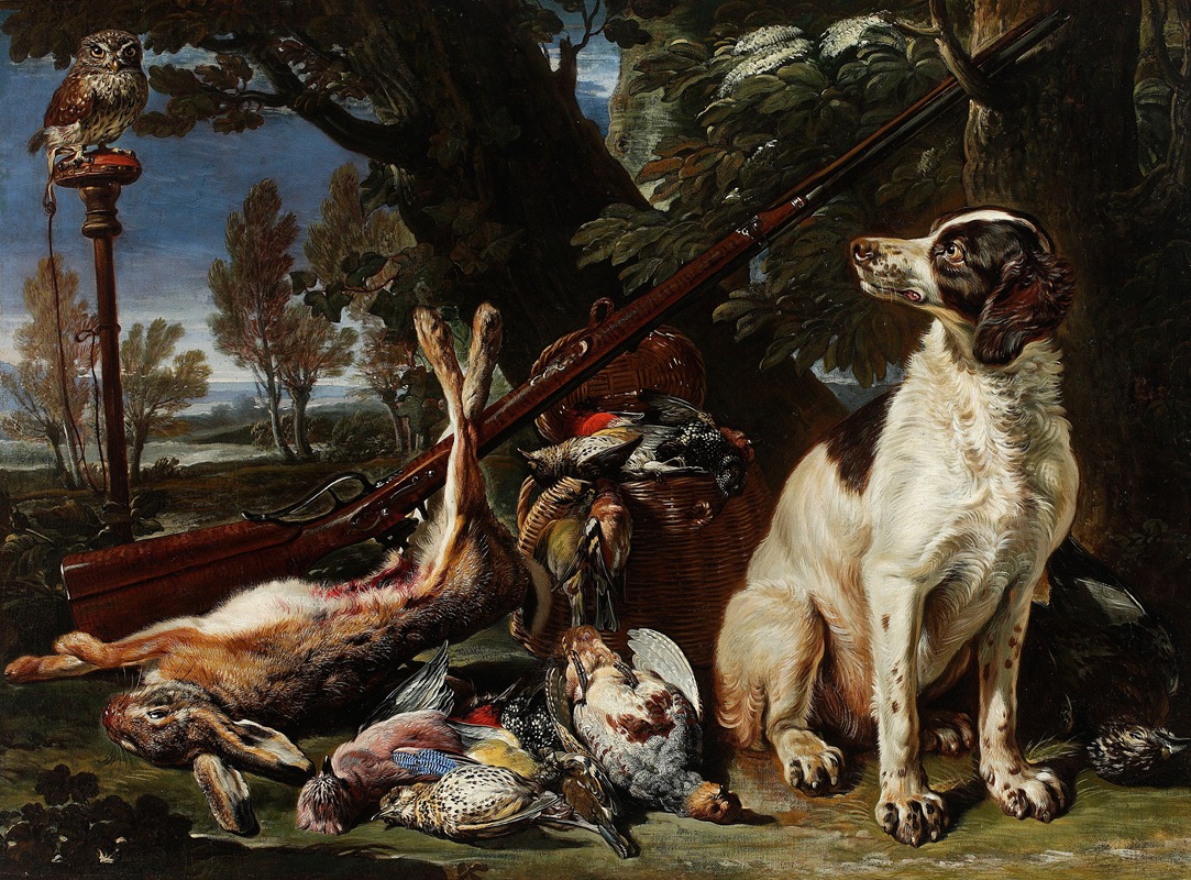 David de Coninck - Dog, hunting trophies and an owl