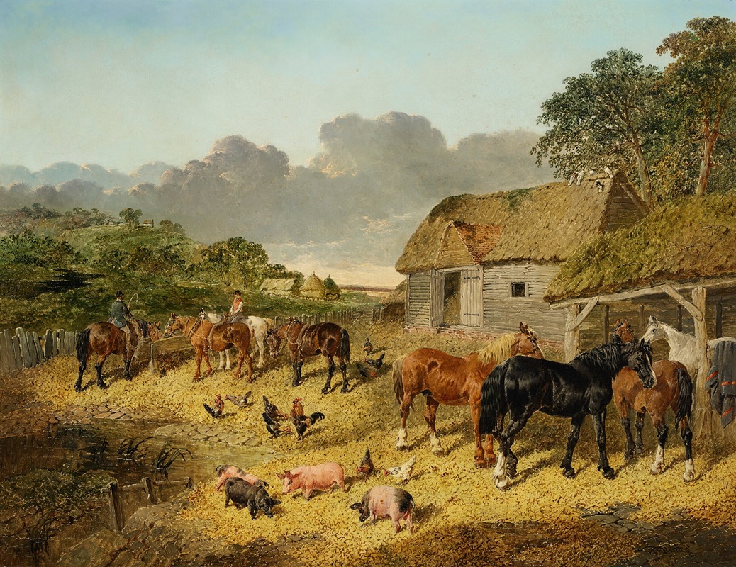 John Frederick Herring Jr. - Horses Drinking from a Water Trough with Pigs and Chickens in a Farmyard