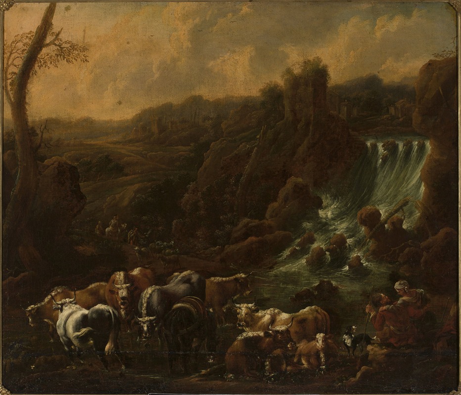 Philipp Peter Roos - Cattle at the waterfall