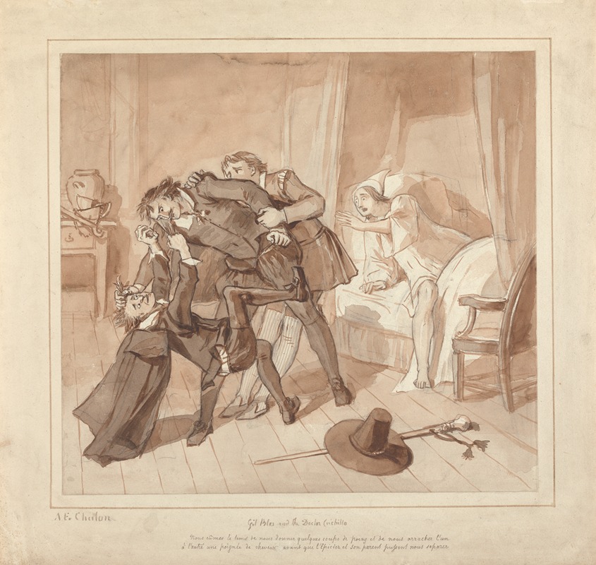 Alfred Edward Chalon - Gil Blas, While Practising Medicine under Dr. Sangrado, Encounters Dr. Cuchillo at the Bedside of the Grocer