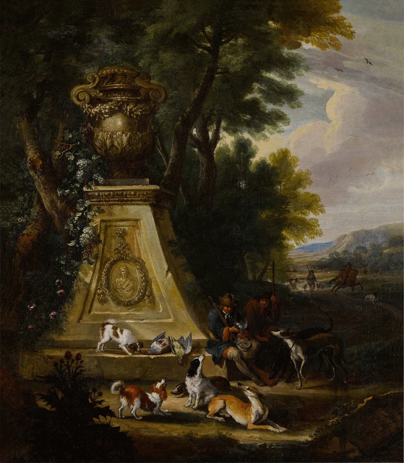 Adriaen de Gryef - Hunting scene in a wooded park land with a pair of hunters and their hounds beside a sculptural plinth