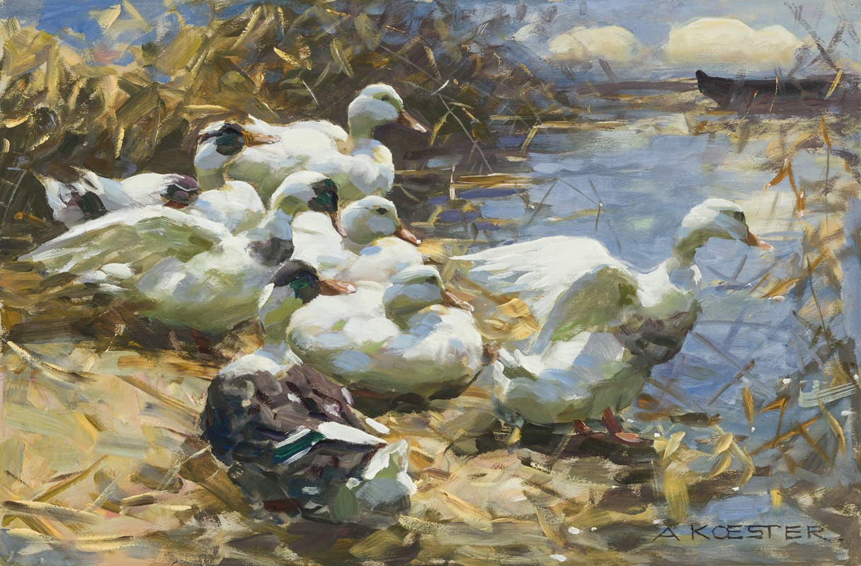 Alexander Koester - Sieben Enten am Ufer