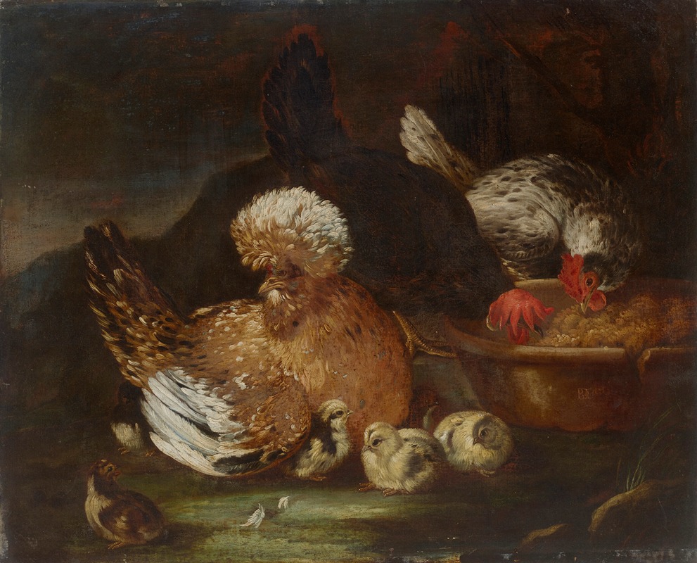 Baldassare De Caro - Two roosters, a hen and six chicks at their feed dish in a landscape