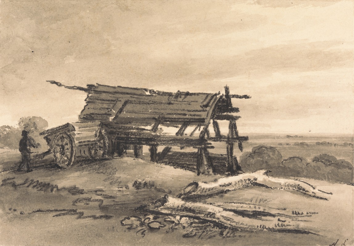 Amelia Long - View at Harrow: with farm-worker, cart and ruined barn