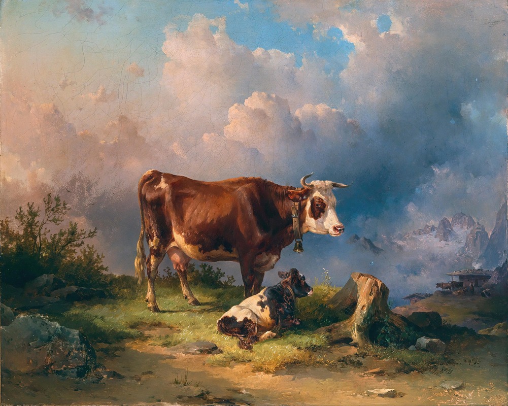 Edmund Mahlknecht - A Cow with a Calf in an Alpine Pasture, in the Background the Dachstein massif