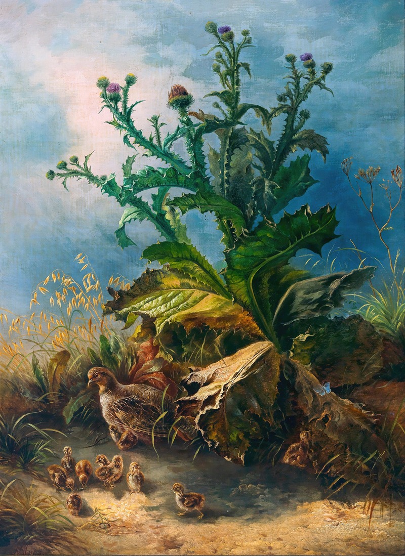 Friedrich Schauta-Moos - Flowering Thistles with a Black Grouse Family