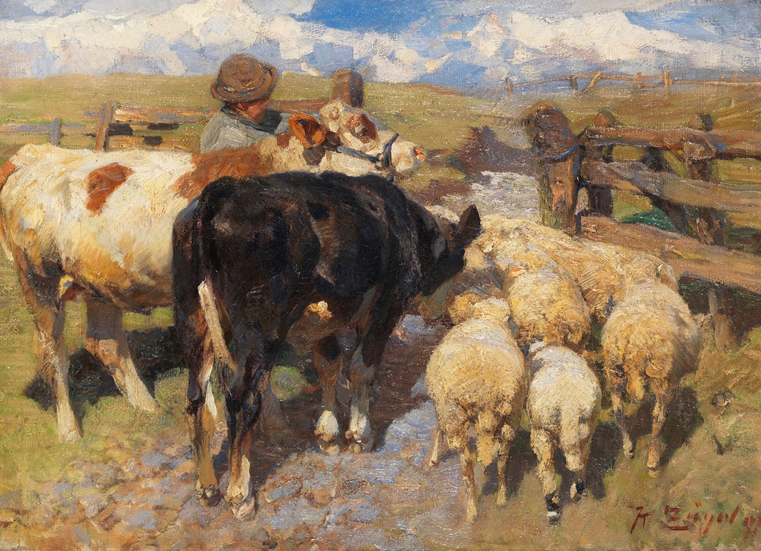 Heinrich Von Zügel - Kühe und Schafe am Gatter