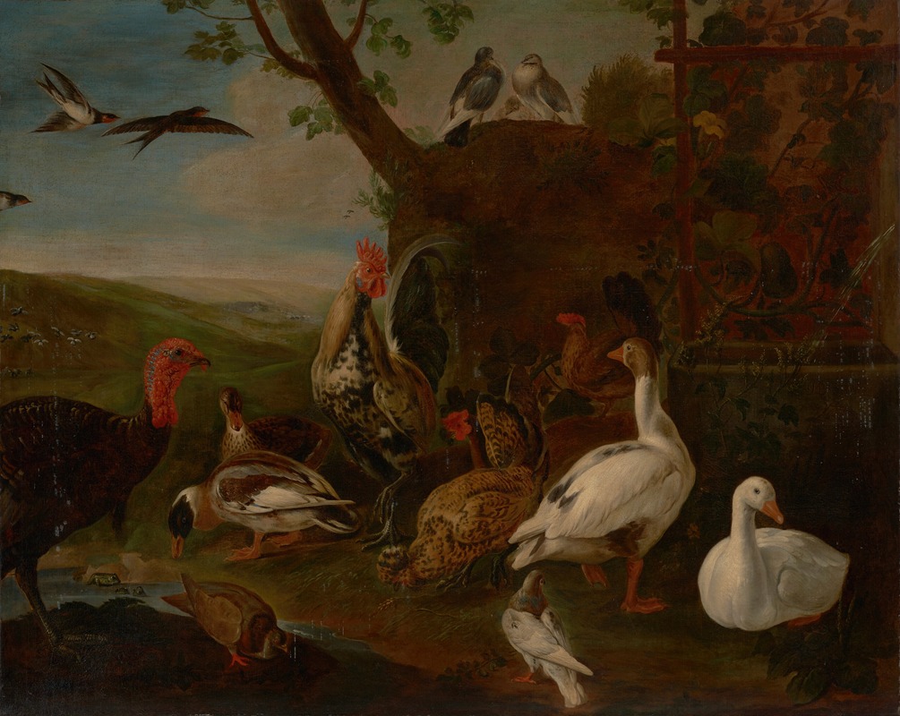 Jan Baptist Boel - A turkey, a rooster, chickens, geese, ducks, pigeons and doves by a well in a landscape