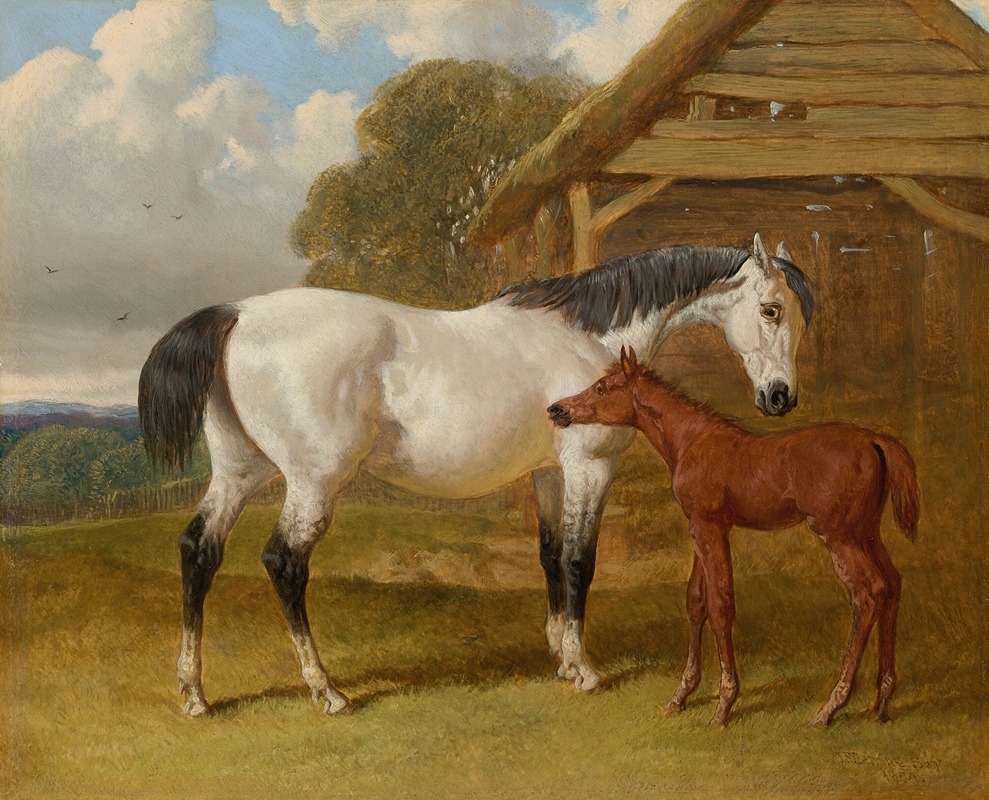 John Frederick Herring Snr. - A mare and foal beside a field shelter