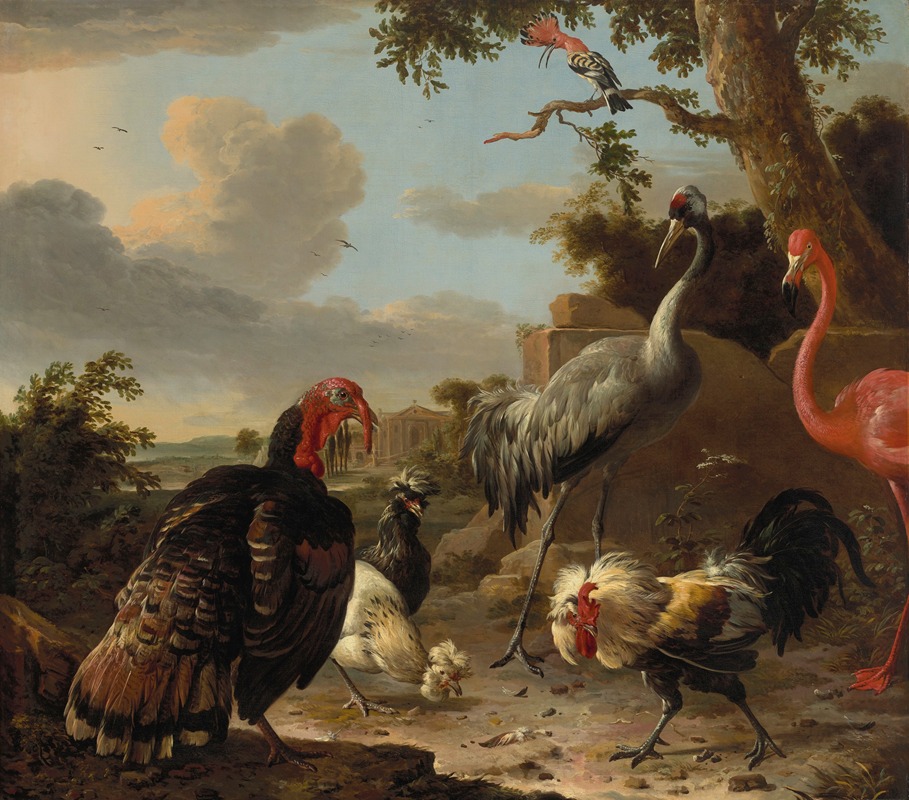 Melchior d'Hondecoeter - A sarus crane, a flamingo, a wild bronze turkey cock, two Paduan fowl, a silver birchen game cockerel, and a hoopoe in a landscape