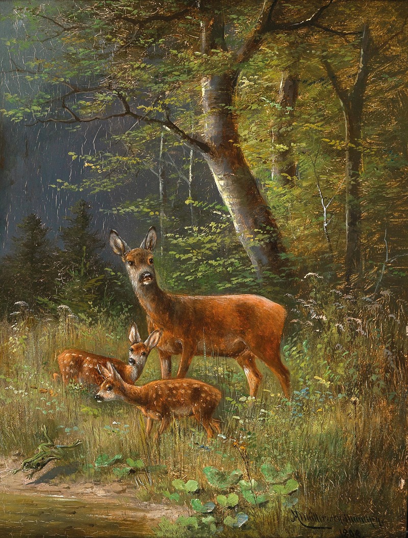 Moritz Müller - A Family of Red Deer in a Forest Glade