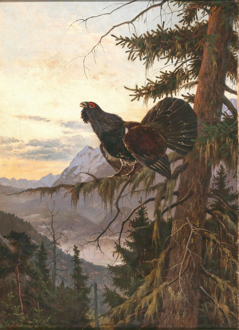 Otto Recknagel - A Wood Grouse Displaying at Sunset