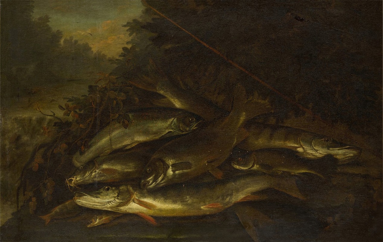 William Sartorius - Still life of fish in a verdant landscape