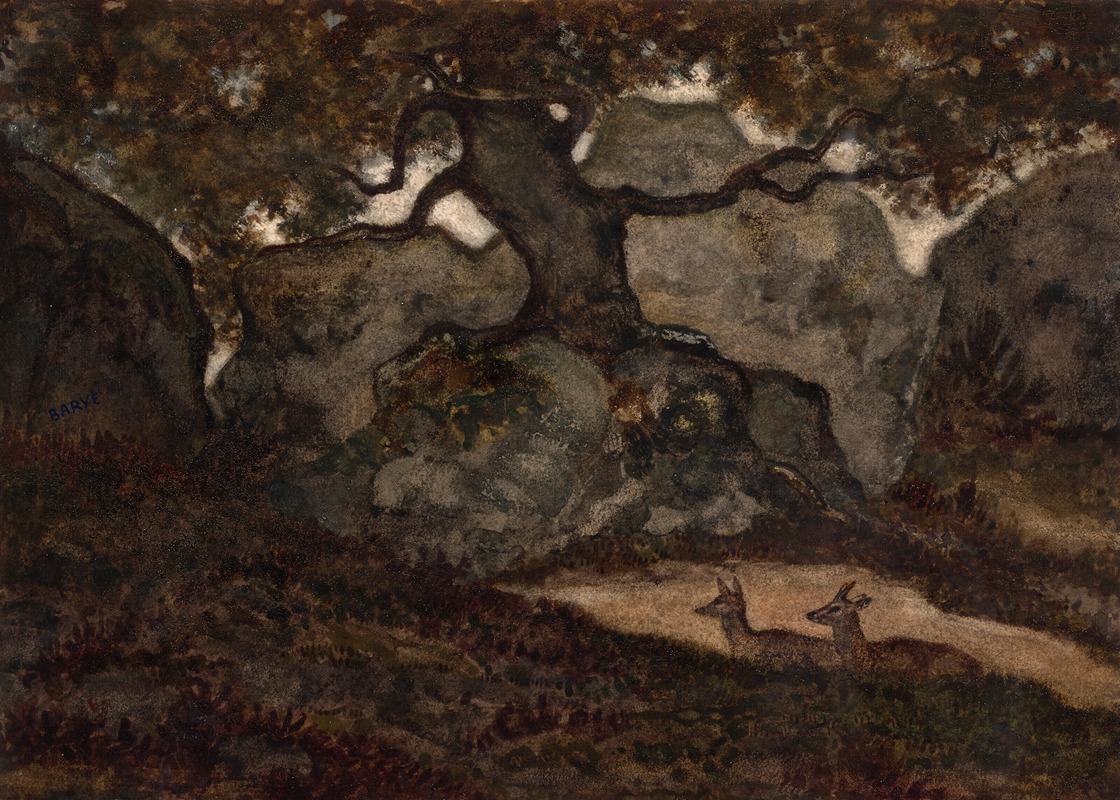 Antoine-Louis Barye - Two deer at rest in the forest of Fontainebleau