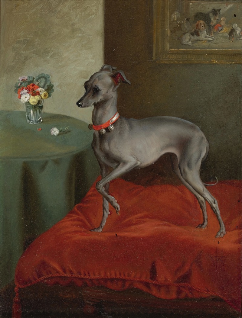 English School - An Italian Greyhound on a Red Cushion