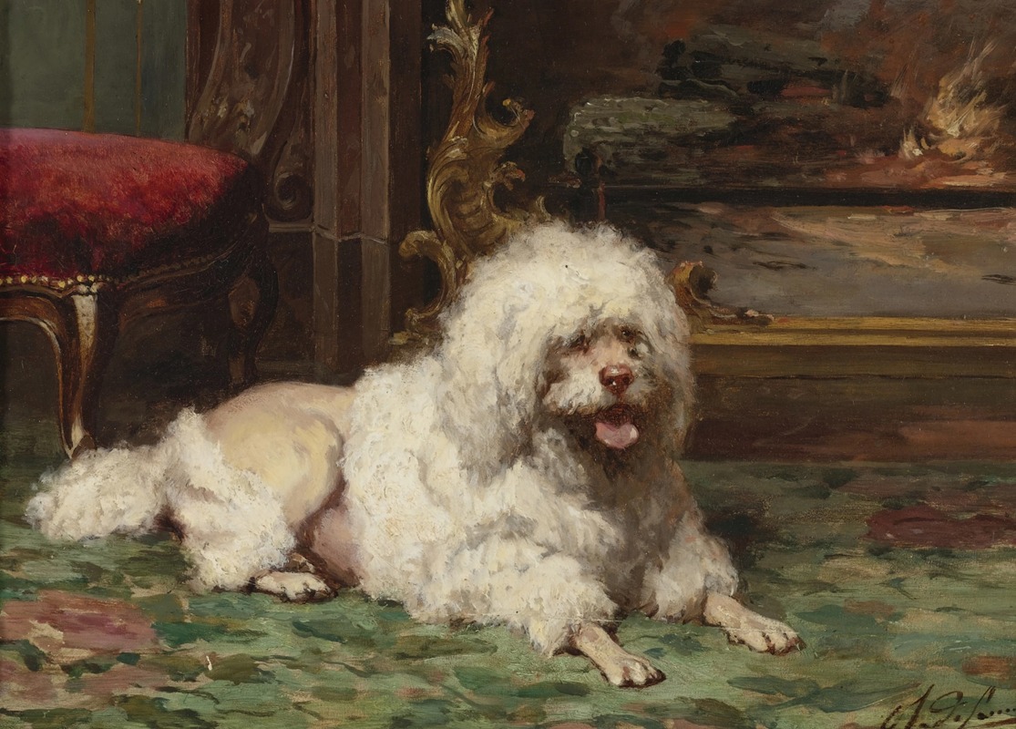 French School - Poodle Resting on the Hearth