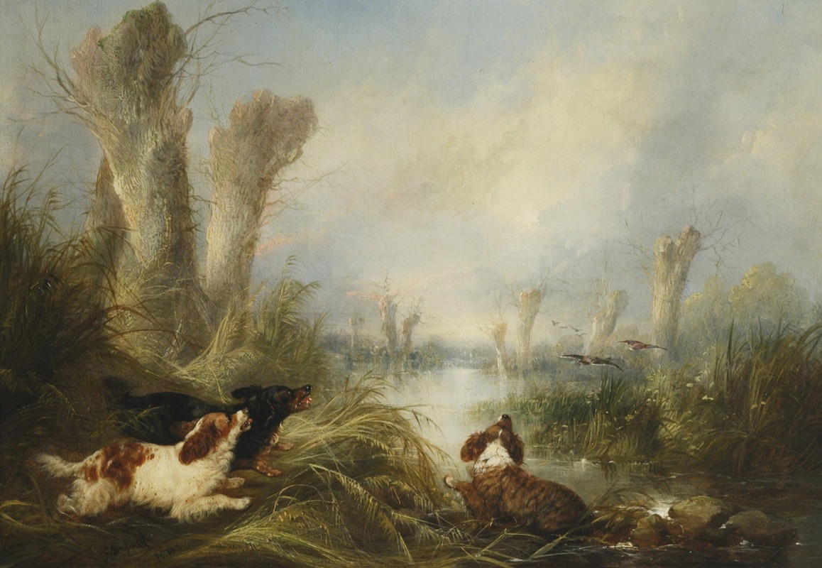 George Armfield - Three Spaniels in a Marsh