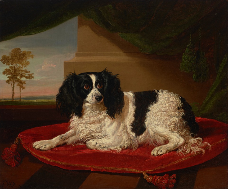 James Ward - A King Charles Spaniel on a red cushion