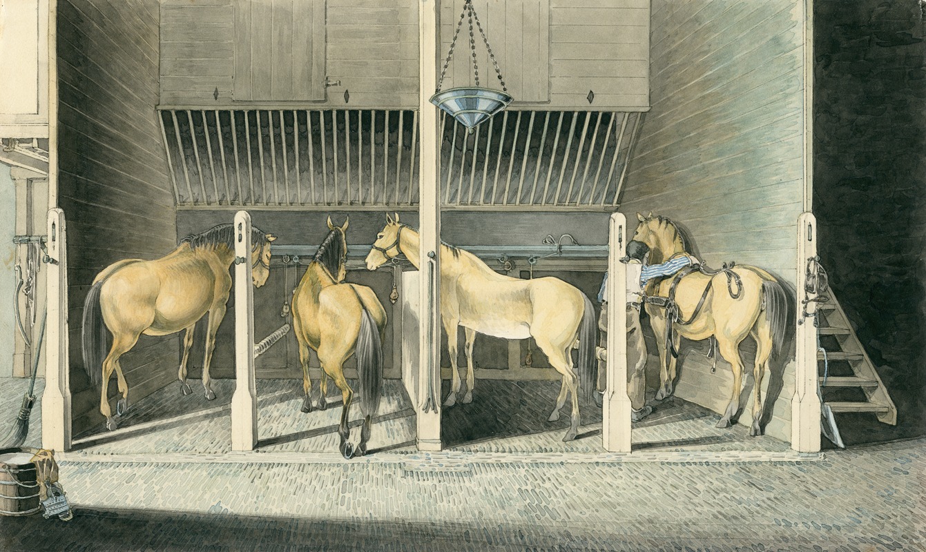 Pieter van Loon - Vier paarden in stalboxen, Scharreweide