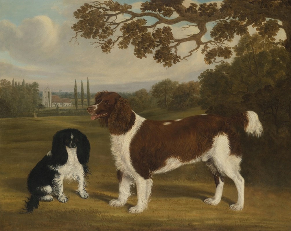 William Nedham - A Toy Spaniel and a Springer Spaniel in a Landscape, a Church in the Distance