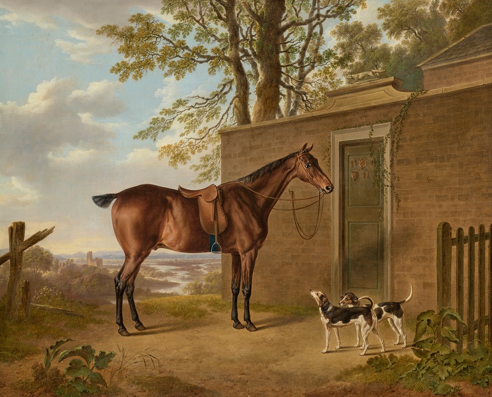 Charles Towne - A saddled bay hunter with two hounds outside a stable